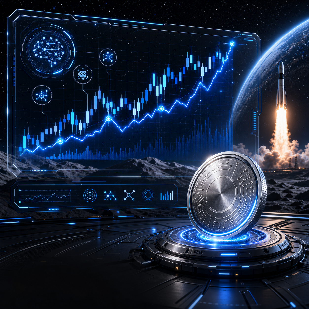 Autotrade AI holographic performance chart with rocket launch and token platform